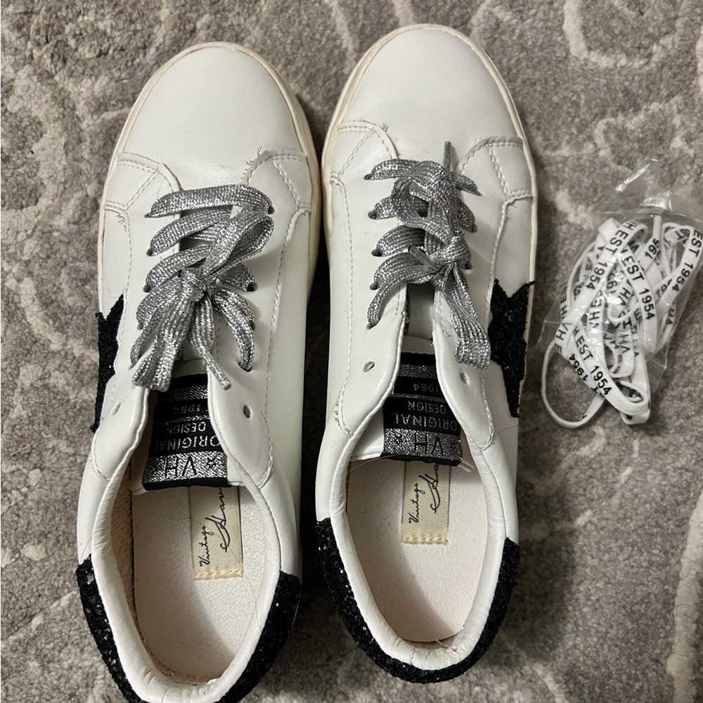 Women’s Vintage Havana Lucy White and Black Glitter Star Sneakers